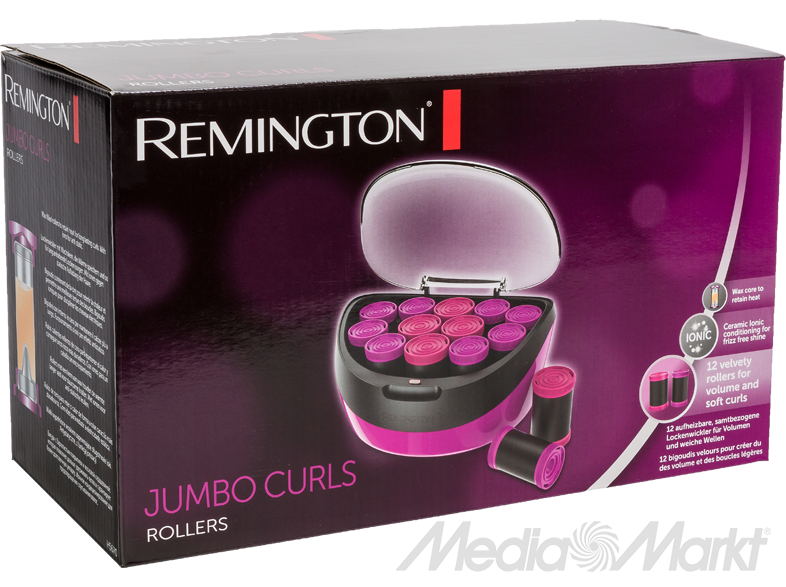 Remington Jumbo Curls doboz. Rózsaszín és fekete hajgöndörítők belül, szöveg és a MediaMarkt logó.