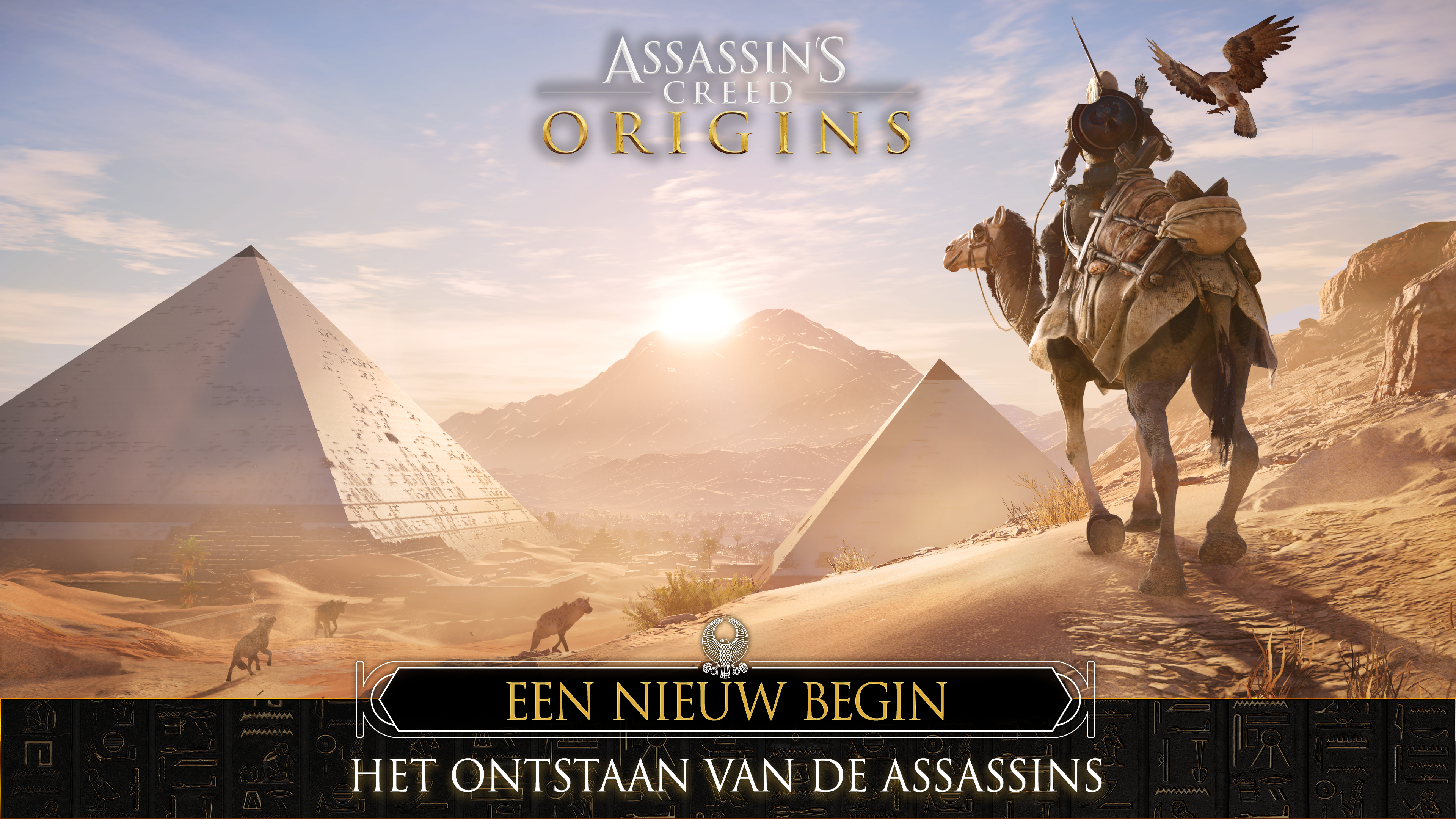 Afbeelding van 'Assassin's Creed Origins' met piramides en een kameelrijder.