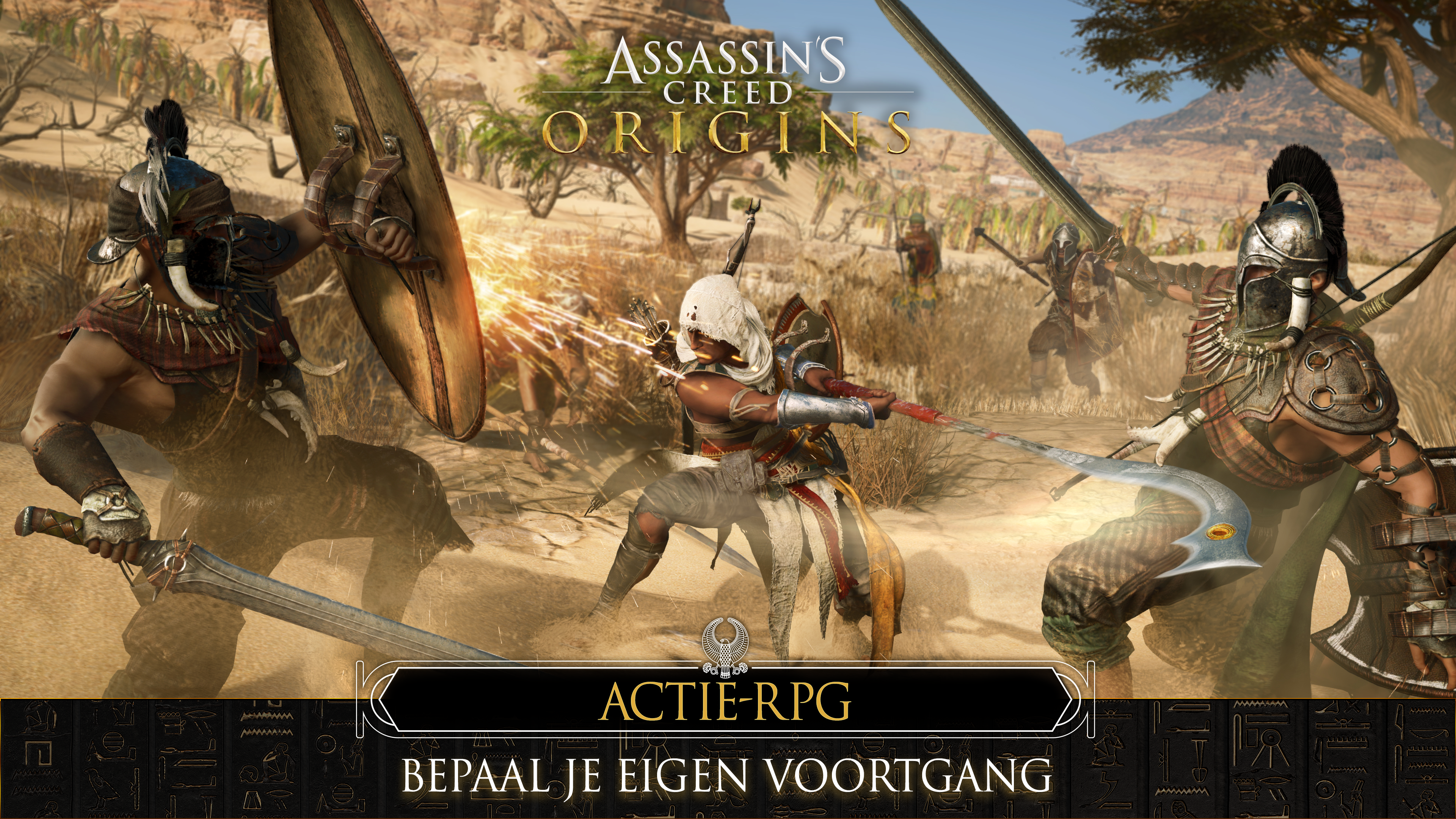 Assassin's Creed Origins game cover. Krijgers in actie, met zwaarden en schilden in een woestijnomgeving.