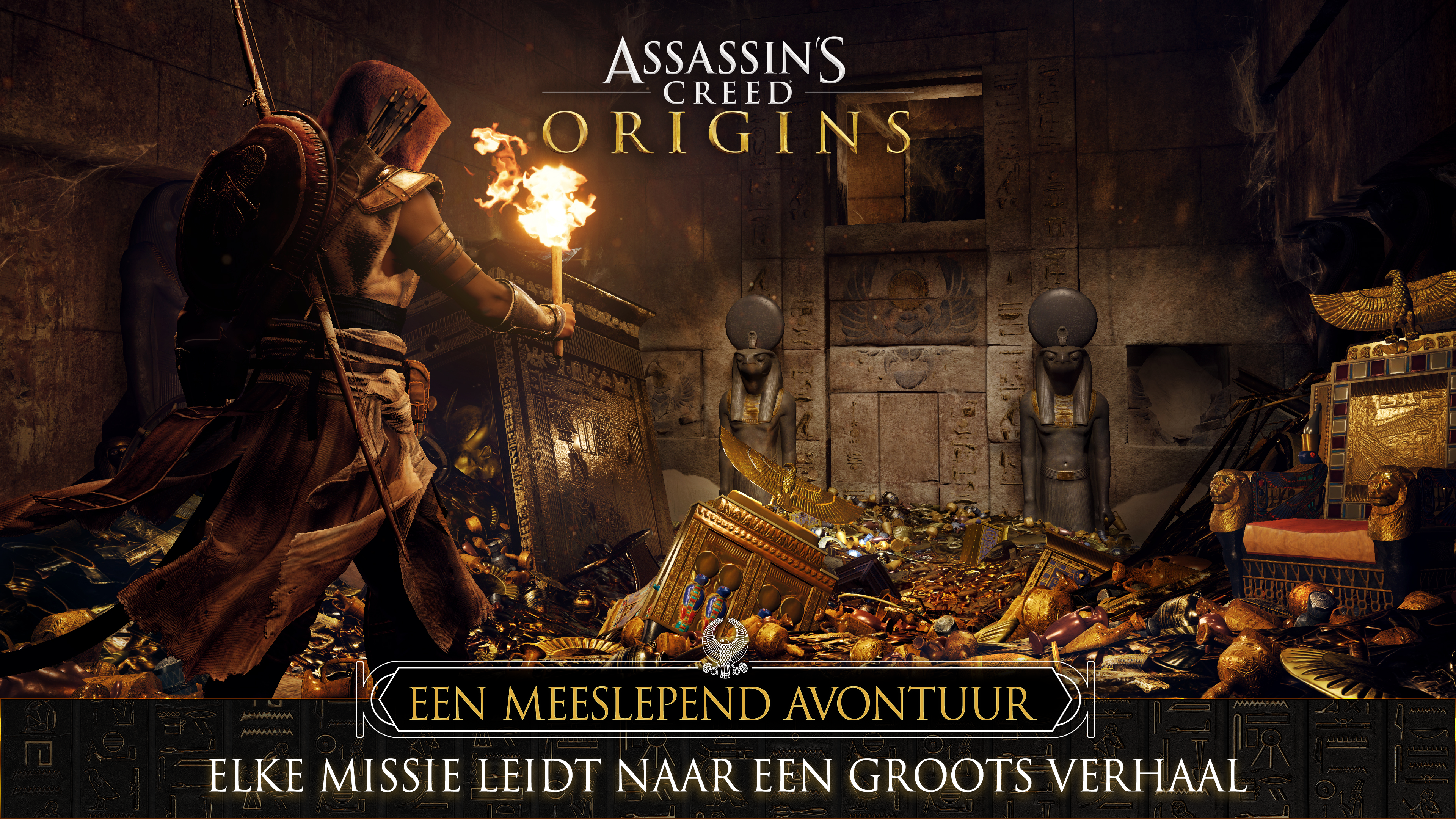 Assassin's Creed Origins-game scène. Een figuur met een fakkel staat in een tombe met hiërogliefen.