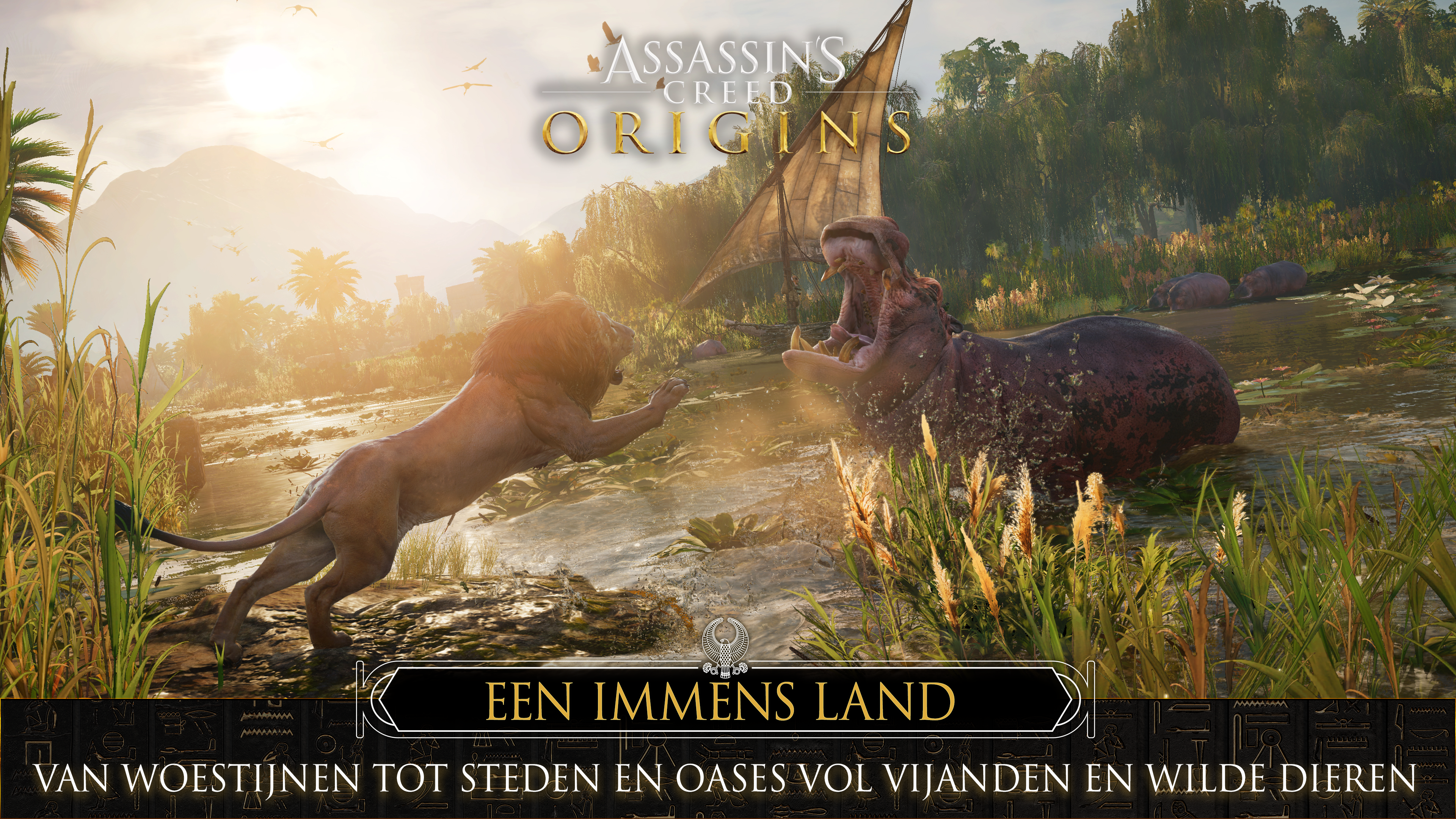 Spelafbeelding van een leeuw die een nijlpaard aanvalt in een junglescène, met tekst in het Nederlands.