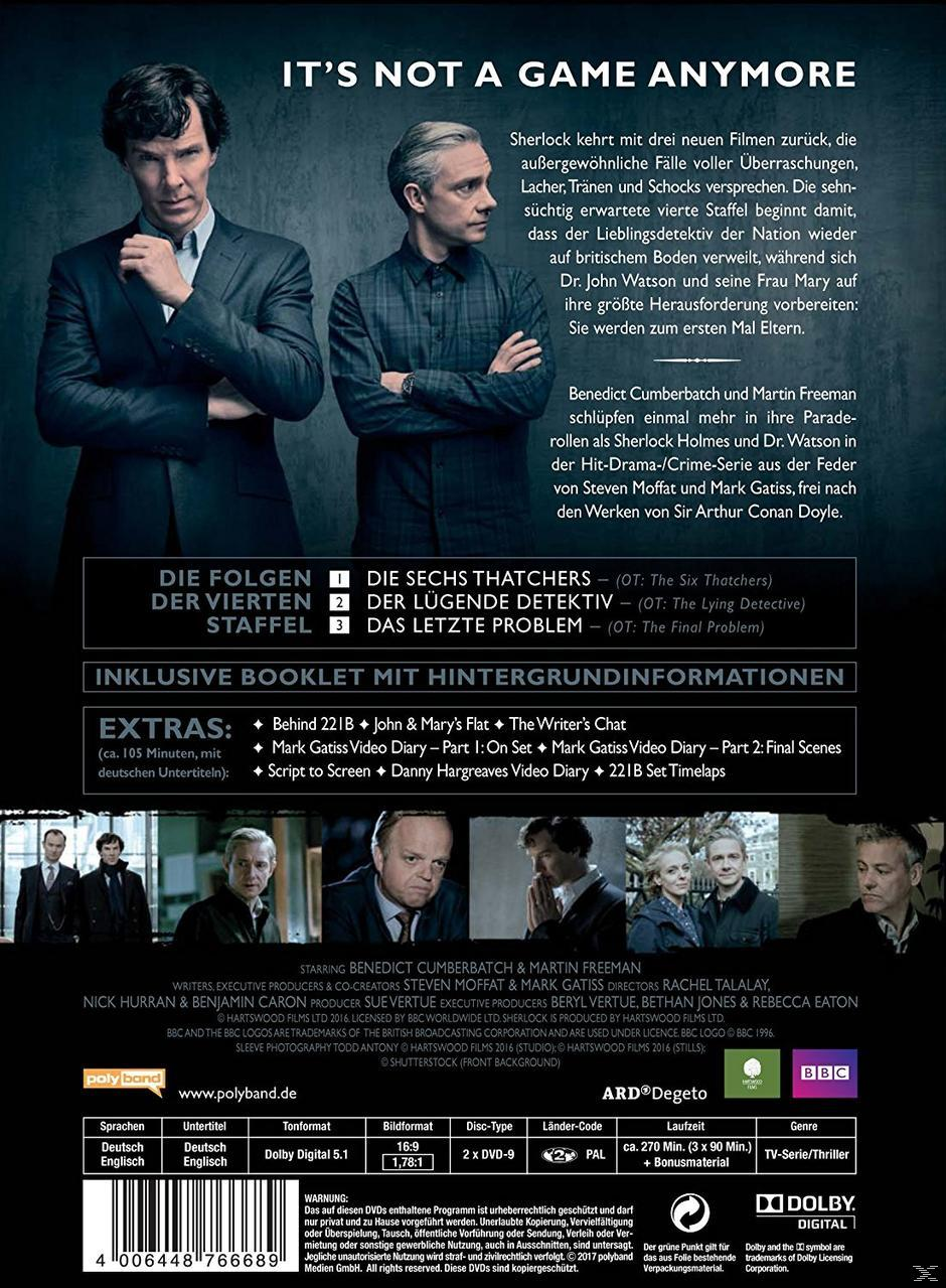 Rückseite einer Sherlock-DVD-Hülle mit Text, Bildern und einem Barcode.