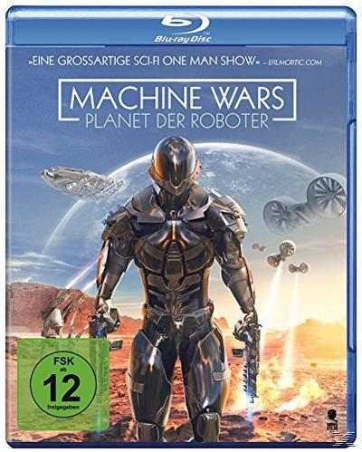 Filmcover. Roboter in Rüstung, mit einem Planeten und Raumschiffen. Blauer und grüner Hintergrund.
