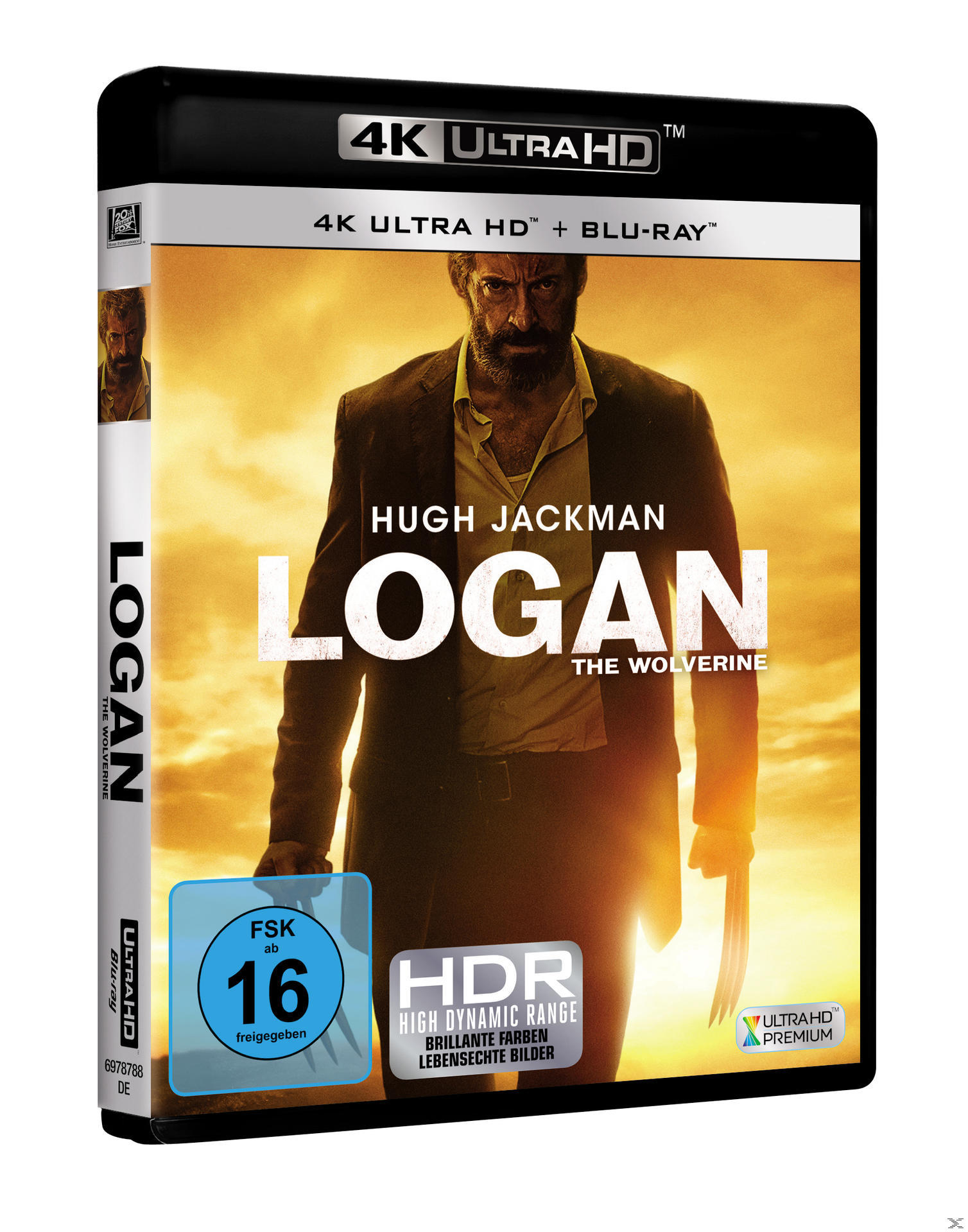 Logan DVD-Cover. Hugh Jackman in einer Jacke, hält Krallen. Gelber Hintergrund.