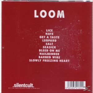 Rotes CD-Cover. Text: LOOM und Songtitel wie 'Lice', 'Hate', 'Leopard'. Weißer Text auf rotem Hintergrund.