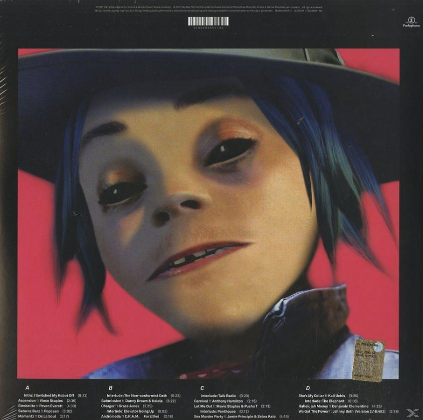 Gorillaz-Albumcover. Cartoon-Gesicht mit blauen Haaren auf rotem Hintergrund. Album-Trackliste unten.