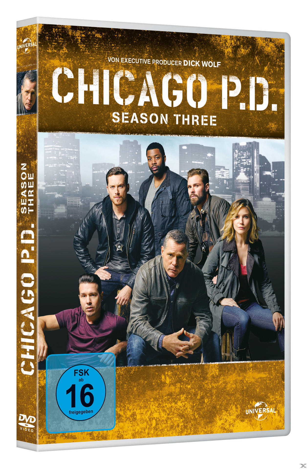 Chicago P.D. DVD-Cover. Foto der Besetzung. Staffel 3. Blauer FSK 16 Aufkleber.