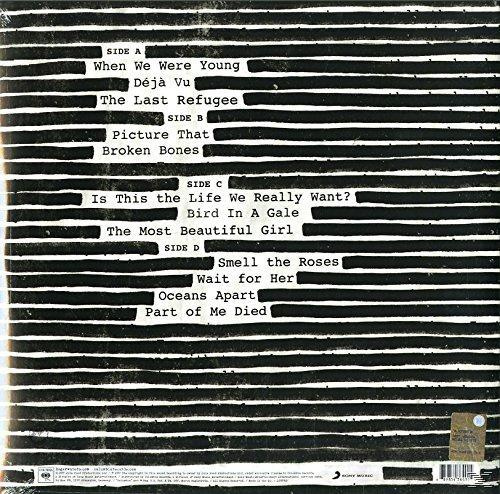 Schwarz-weißes Albumcover mit horizontalen schwarzen Streifen und Text mit Songtiteln auf der Rückseite.