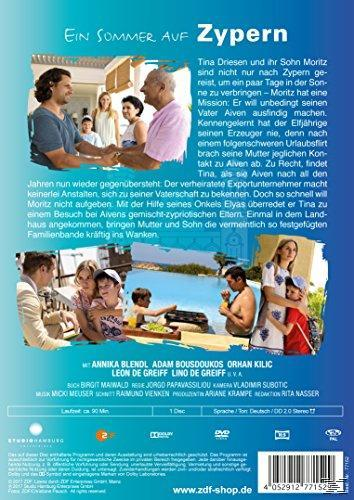 Filmcover mit Schauspielern. Text: 'Ein Sommer auf Zypern'. Personen sind in der Nähe eines Pools, Text auf der Rückseite.