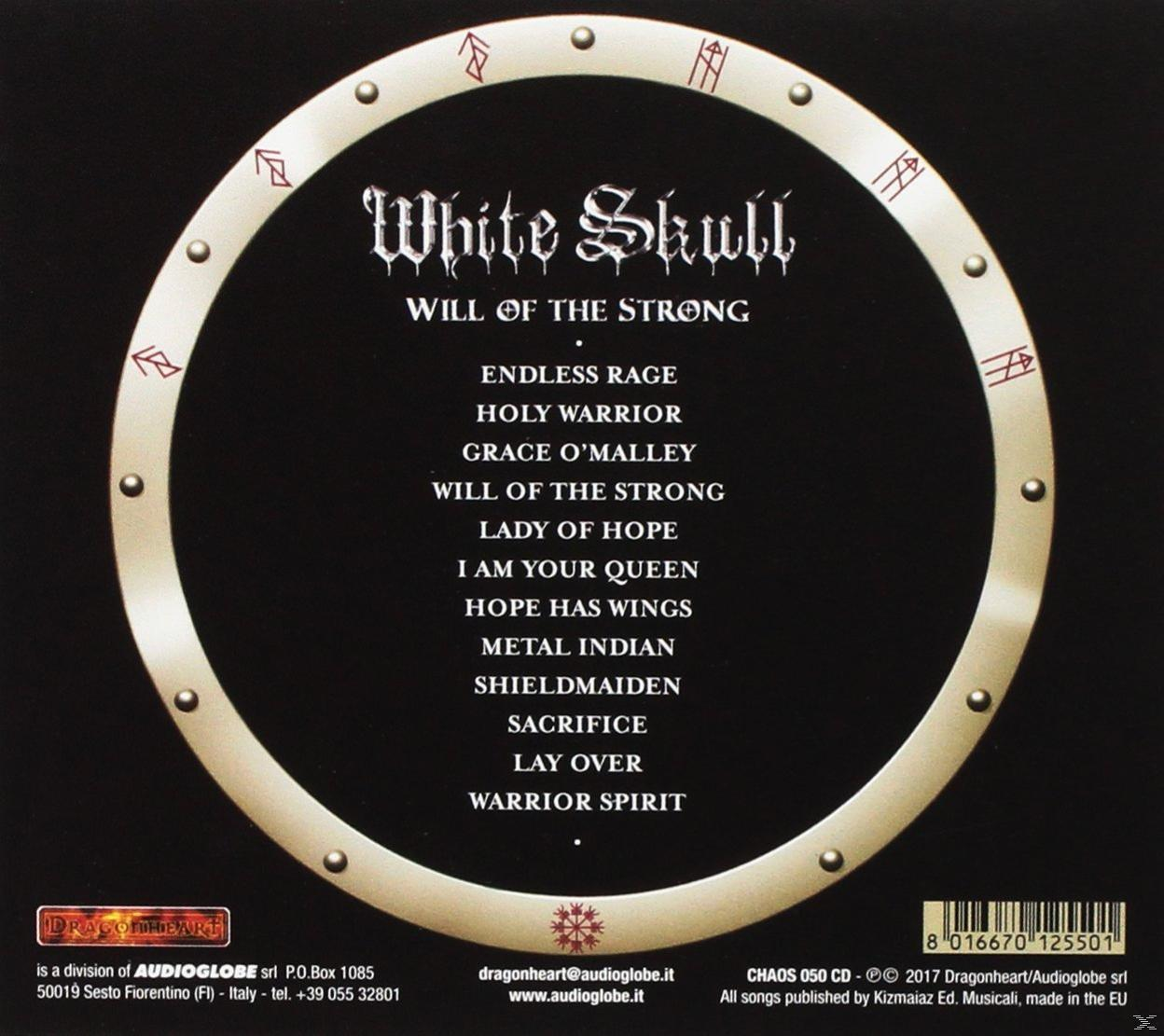 Schwarzes CD-Cover mit weißem Ring mit Text. Der Titel lautet 'White Skull'.