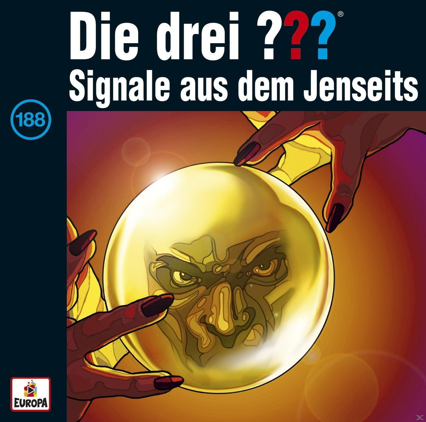 Buchcover: 'Die drei ???'. Hände greifen nach einer goldenen Kugel, mit Gesicht.