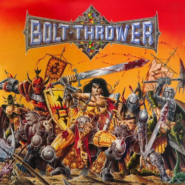 Albumcover: Gruppe gepanzerter Krieger kämpft in einer feurigen Szene. Titel: Bolt Thrower.