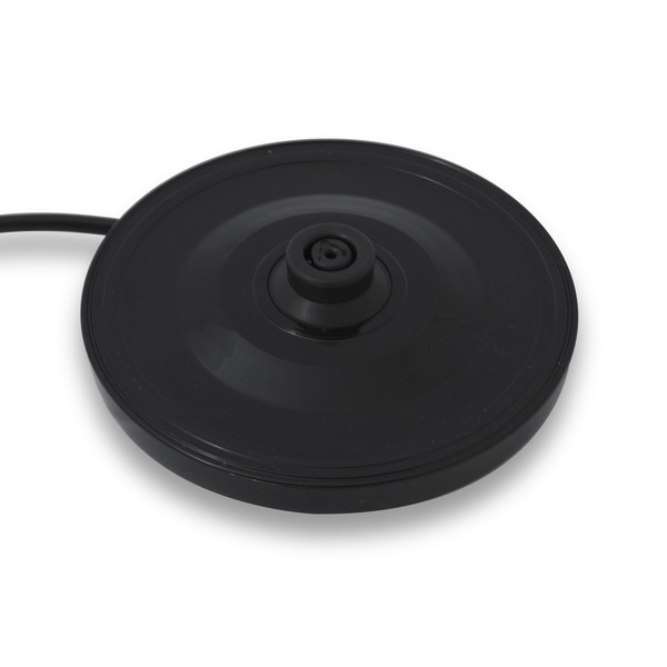 Zwarte basis van een waterkoker. De basis is rond en heeft een centrale connector.