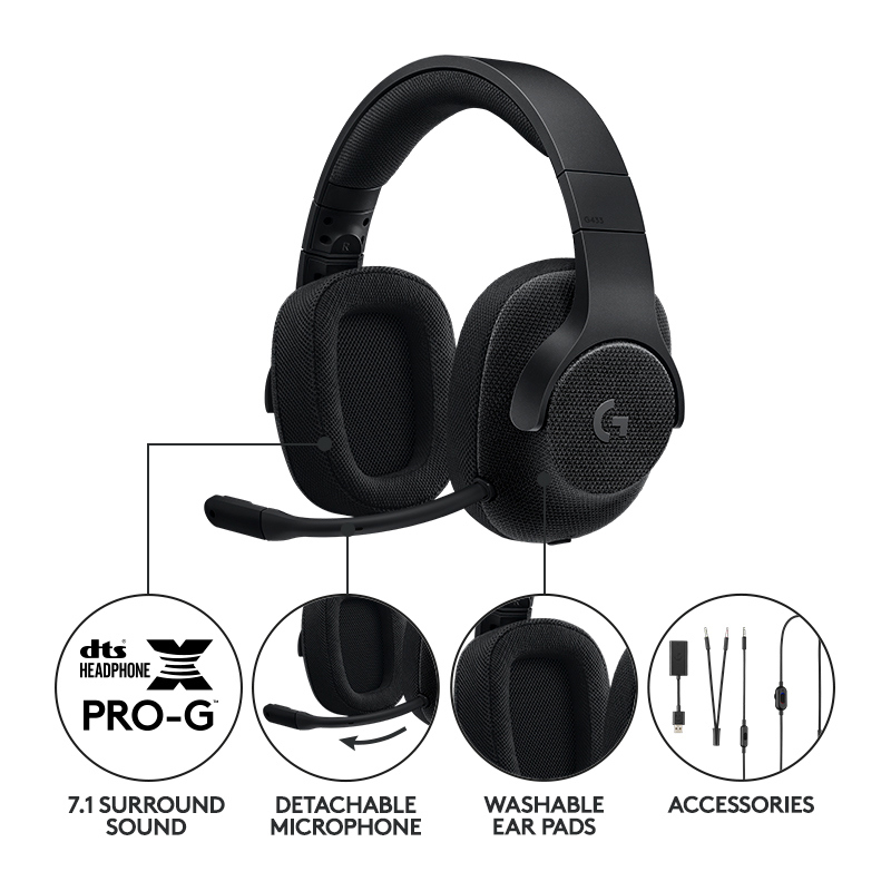 Schwarzes Gaming-Headset mit abnehmbarem Mikrofon, waschbaren Ohrpolstern und Zubehör.