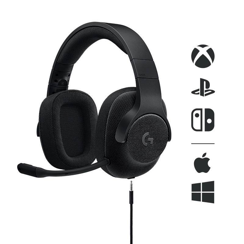 Schwarzes Gaming-Headset mit Mikrofon und Verbindungssymbolen rechts.