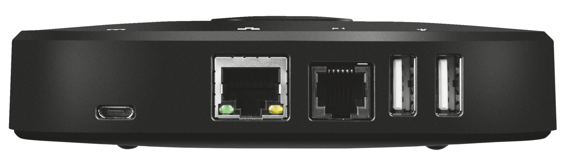 Fekete eszköz portokkal: USB, Ethernet és tápbemenet. Az eszköz lekerekített formájú.