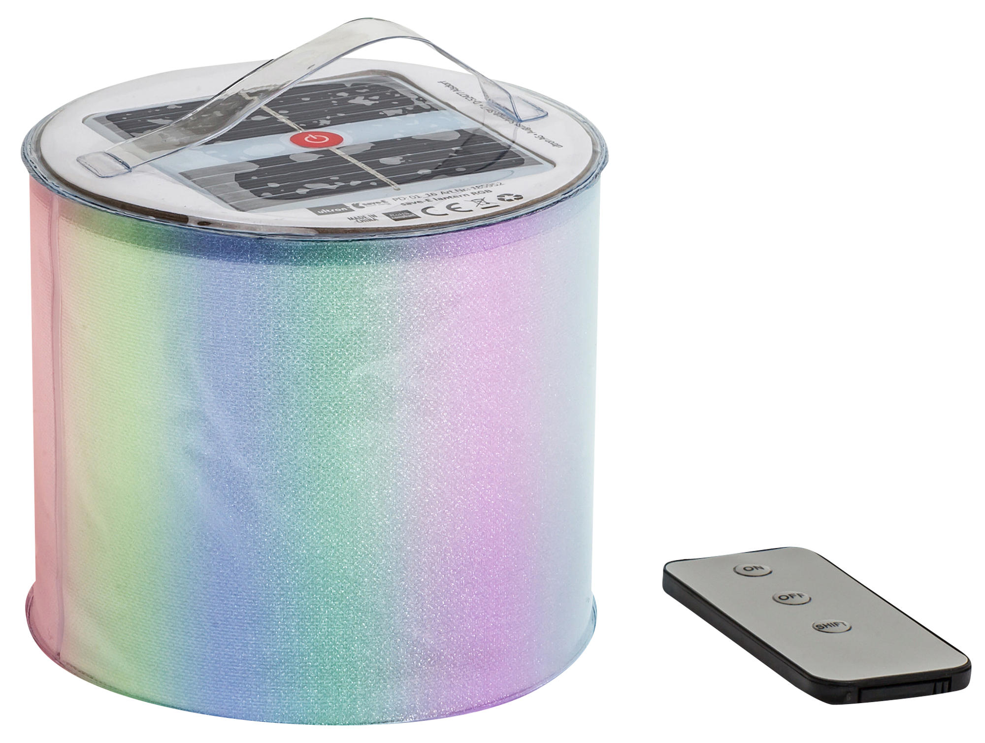 Eine zylindrische Laterne mit Griff und Fernbedienung. Die Laterne hat eine Regenbogenfarbe und ein Solarpanel.