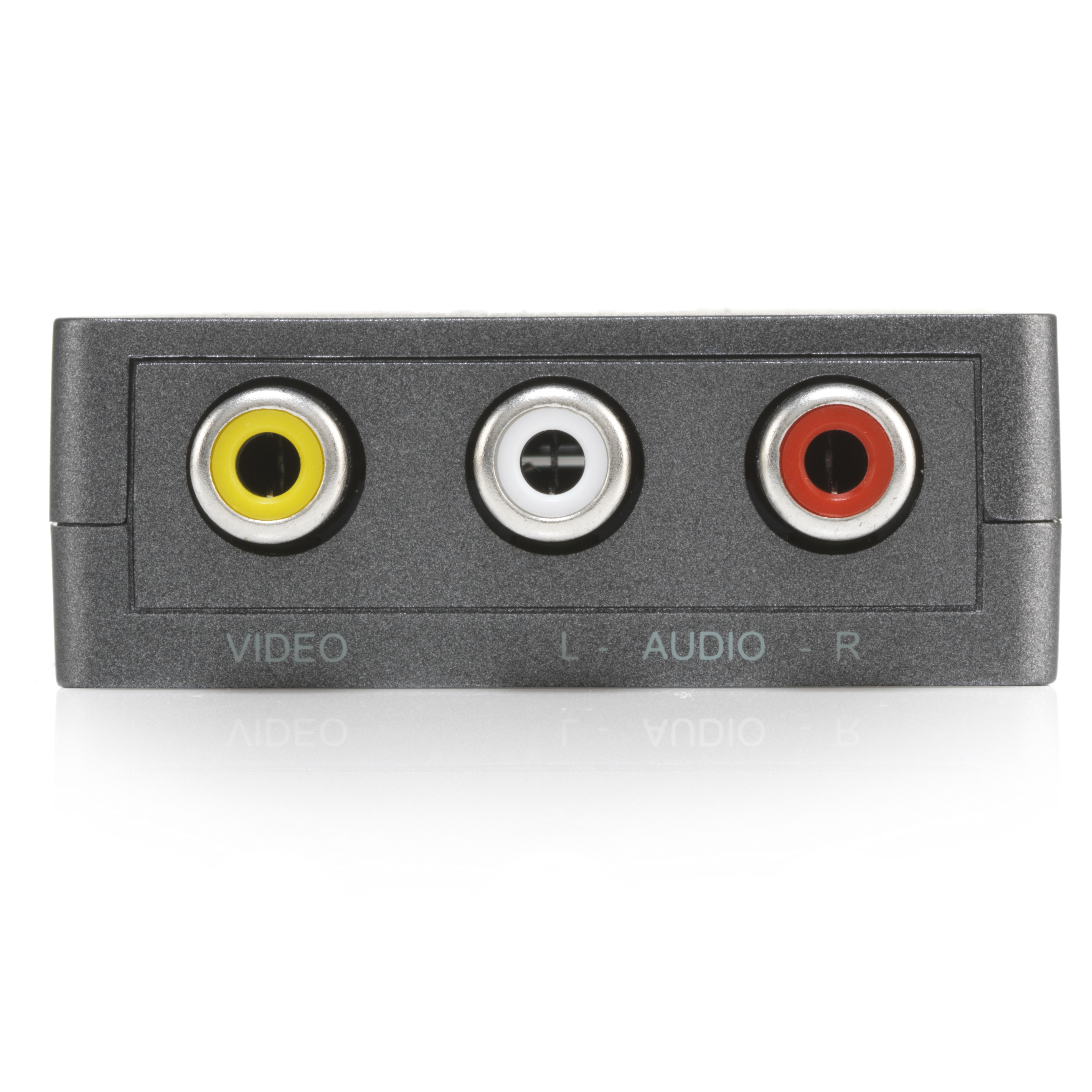 Un adaptateur vidéo gris avec trois entrées : jaune, blanc et rouge.