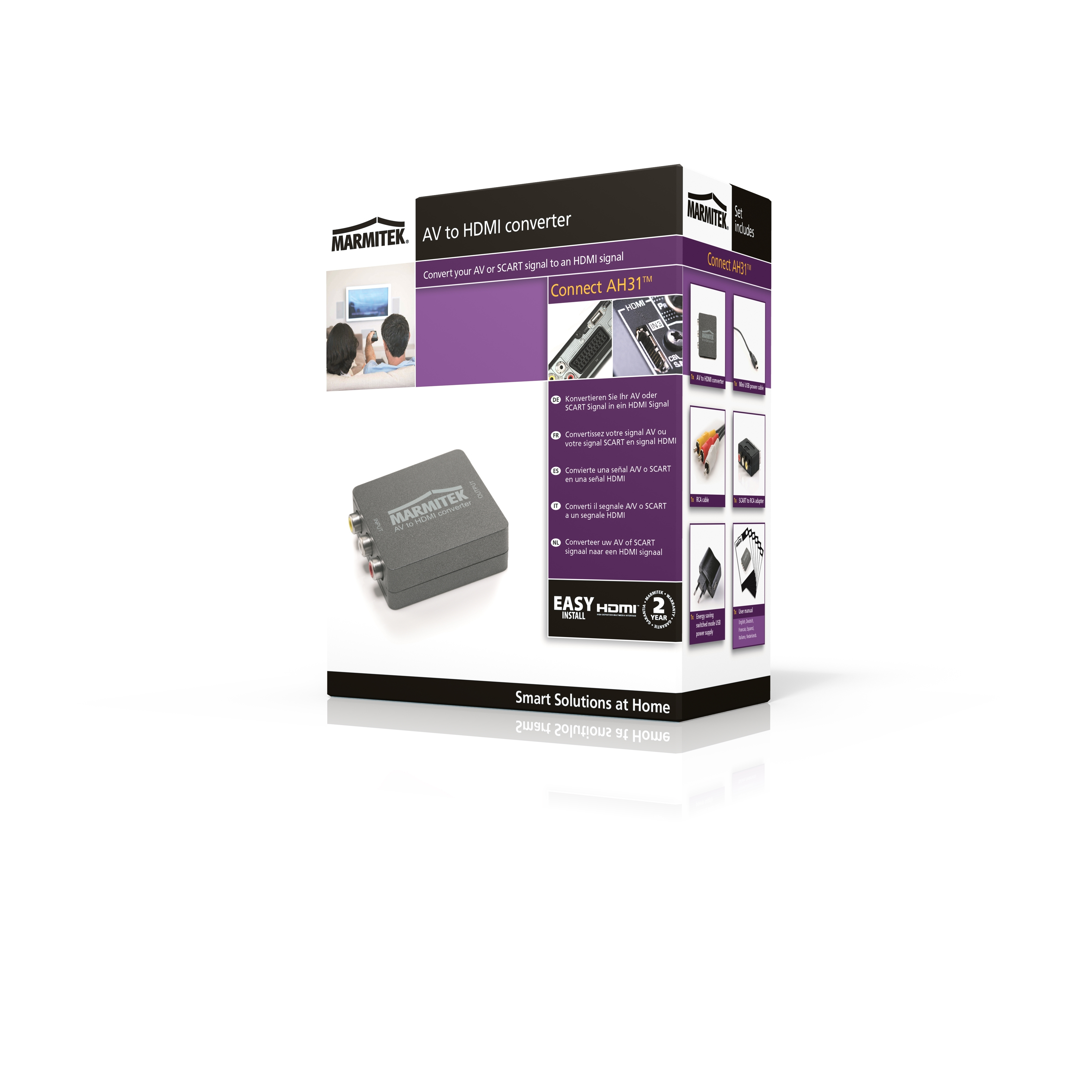 Boîte avec un convertisseur AV vers HDMI. Convertisseur gris et autres accessoires montrés.