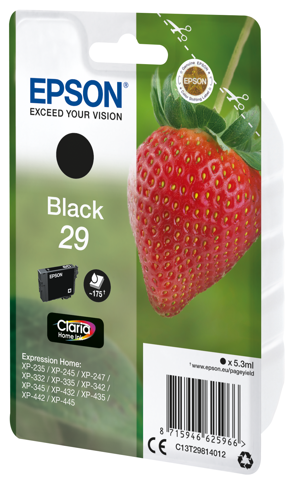 Epson Black 29 ink cartridge package, with a strawberry illustration. Black ink cartridge.