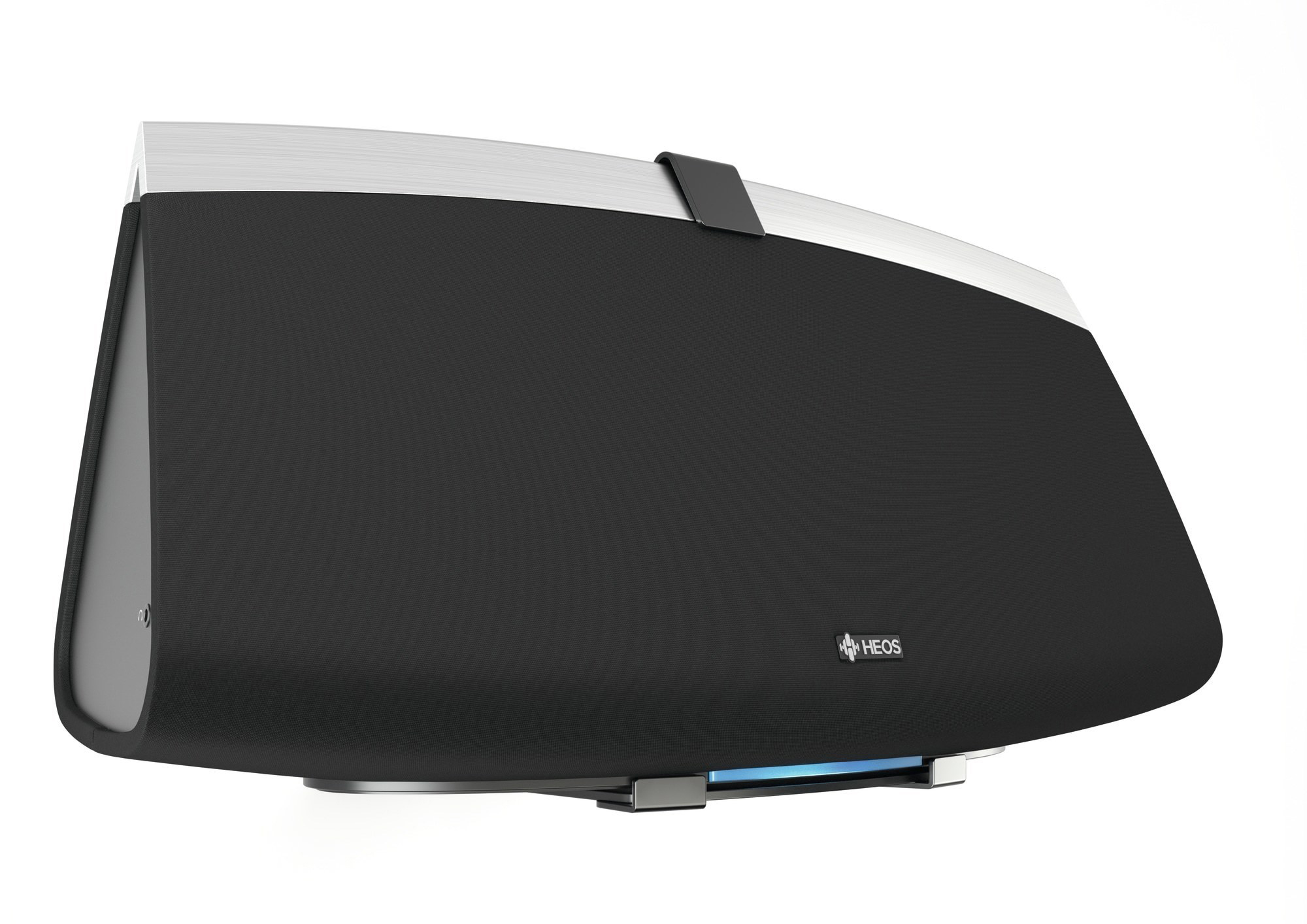 Altoparlante nero e argento con un design piatto e allungato.