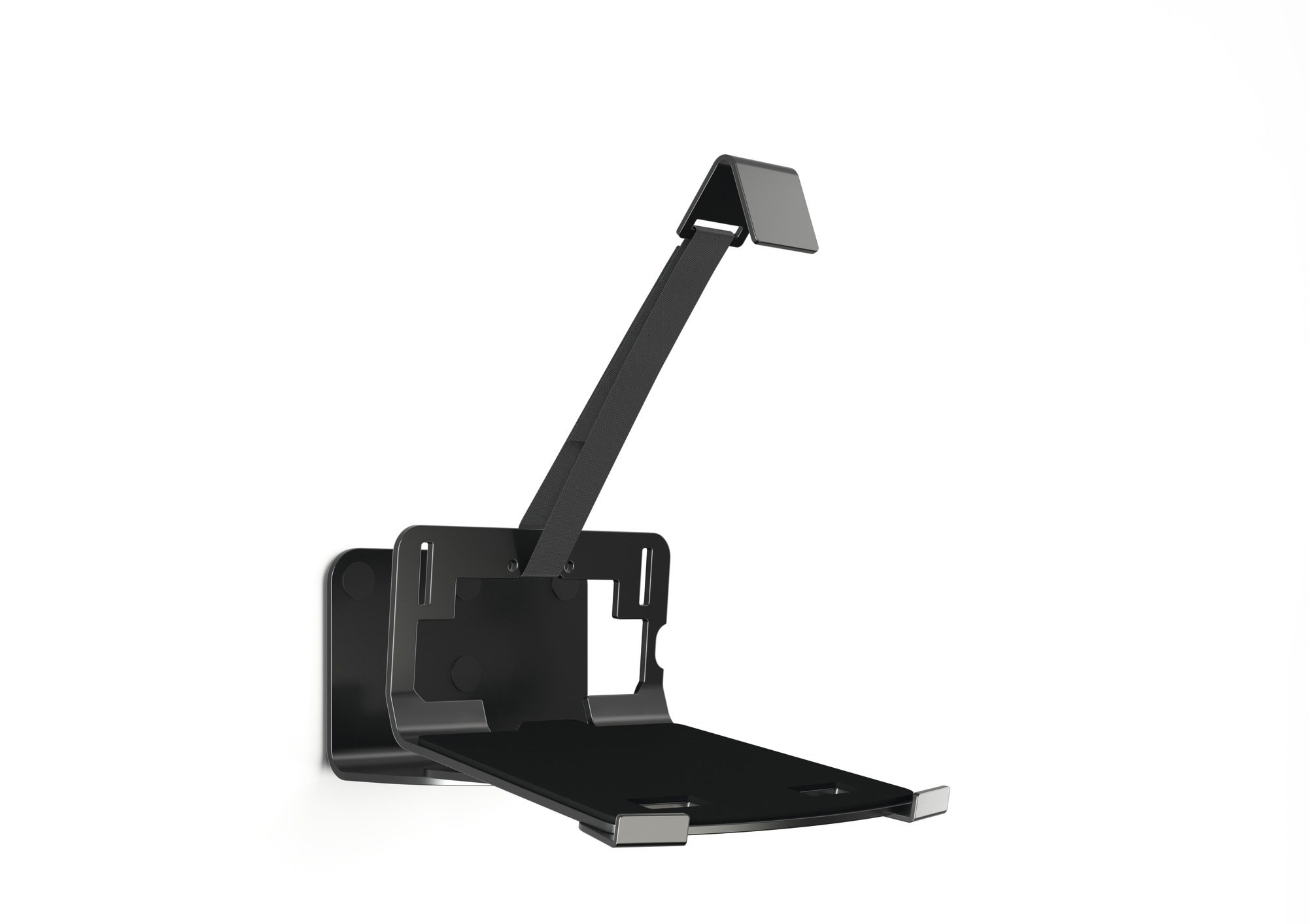 Una staffa nera è montata su un muro bianco.