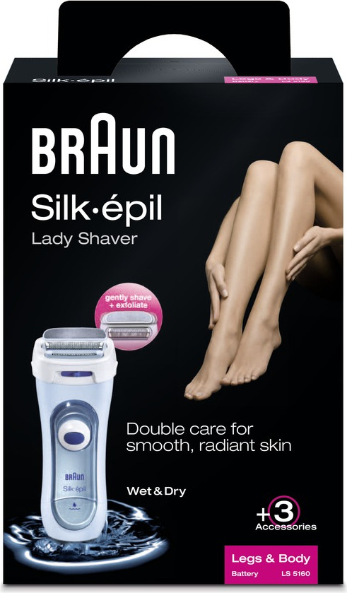 Doboz női borotvával és lábakkal. A szöveg tartalmazza a 'Braun Silk-épil't és a termék jellemzőit.