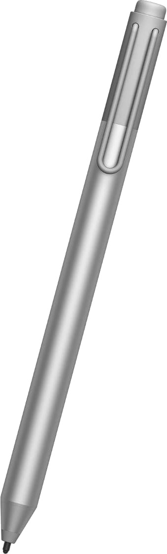 Silver stylus pen with a clip and black tip, isolated on a white background.