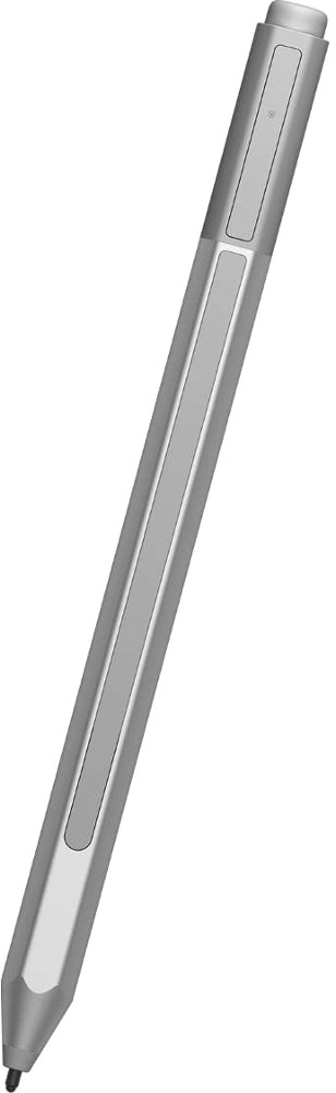 Silver stylus pen with a rectangular design, angled on white background. 