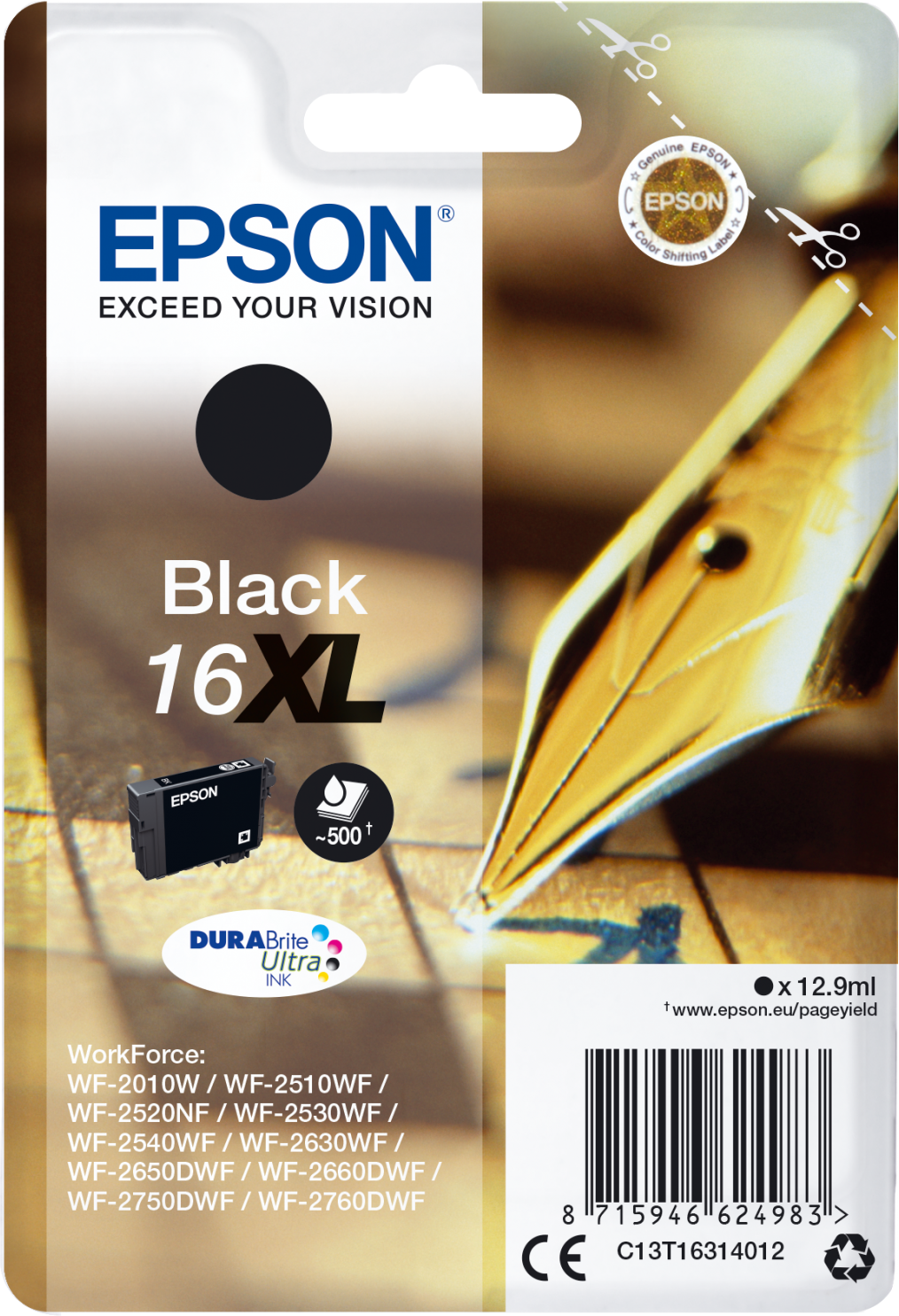Emballage de cartouche d'encre noire Epson. Montre la cartouche avec un point noir.