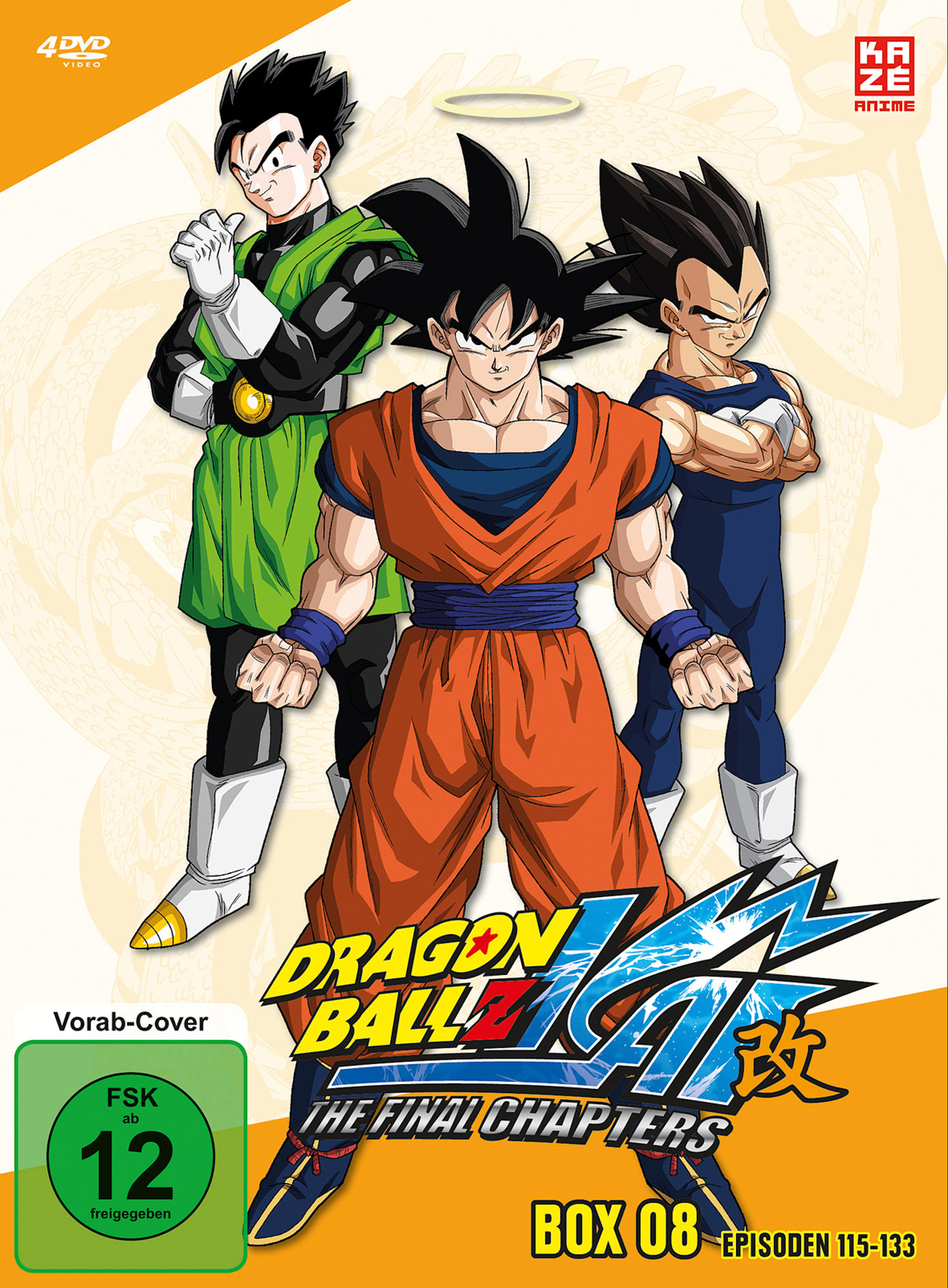 Dragon Ball Z DVD-Cover mit drei Charakteren. Goku in der Mitte, mit Gohan und Vegeta an den Seiten.