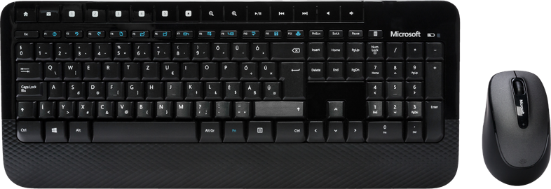 Fekete Microsoft billentyűzet és egér készlet fehér háttéren.