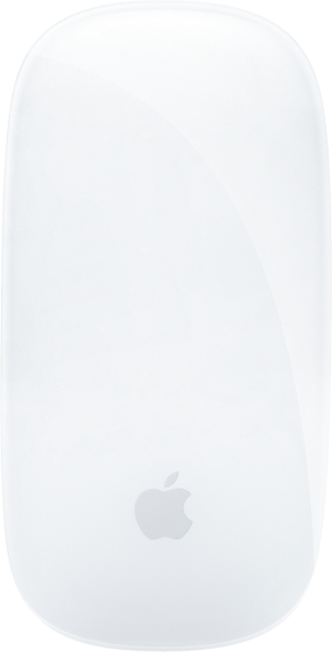 Egy fehér Apple Magic Mouse. Az egér fényes, alul az Apple logóval.