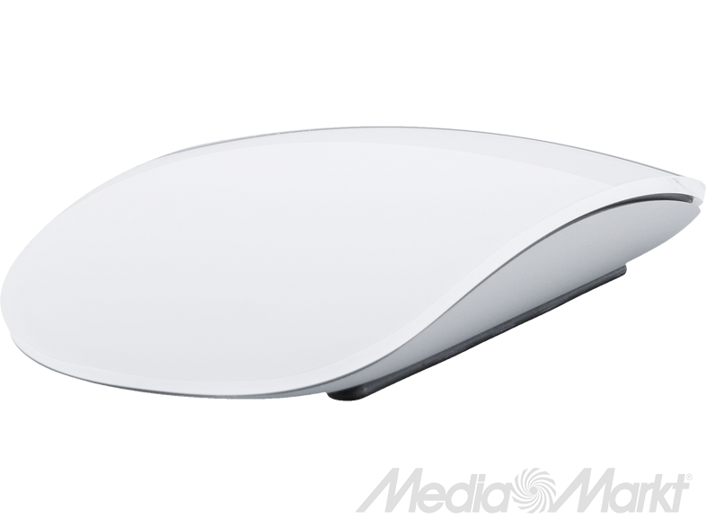 Fehér Apple Magic Mouse szürke színátmenetes háttérrel. A mouse karcsú és modern, ívelt dizájnnal.