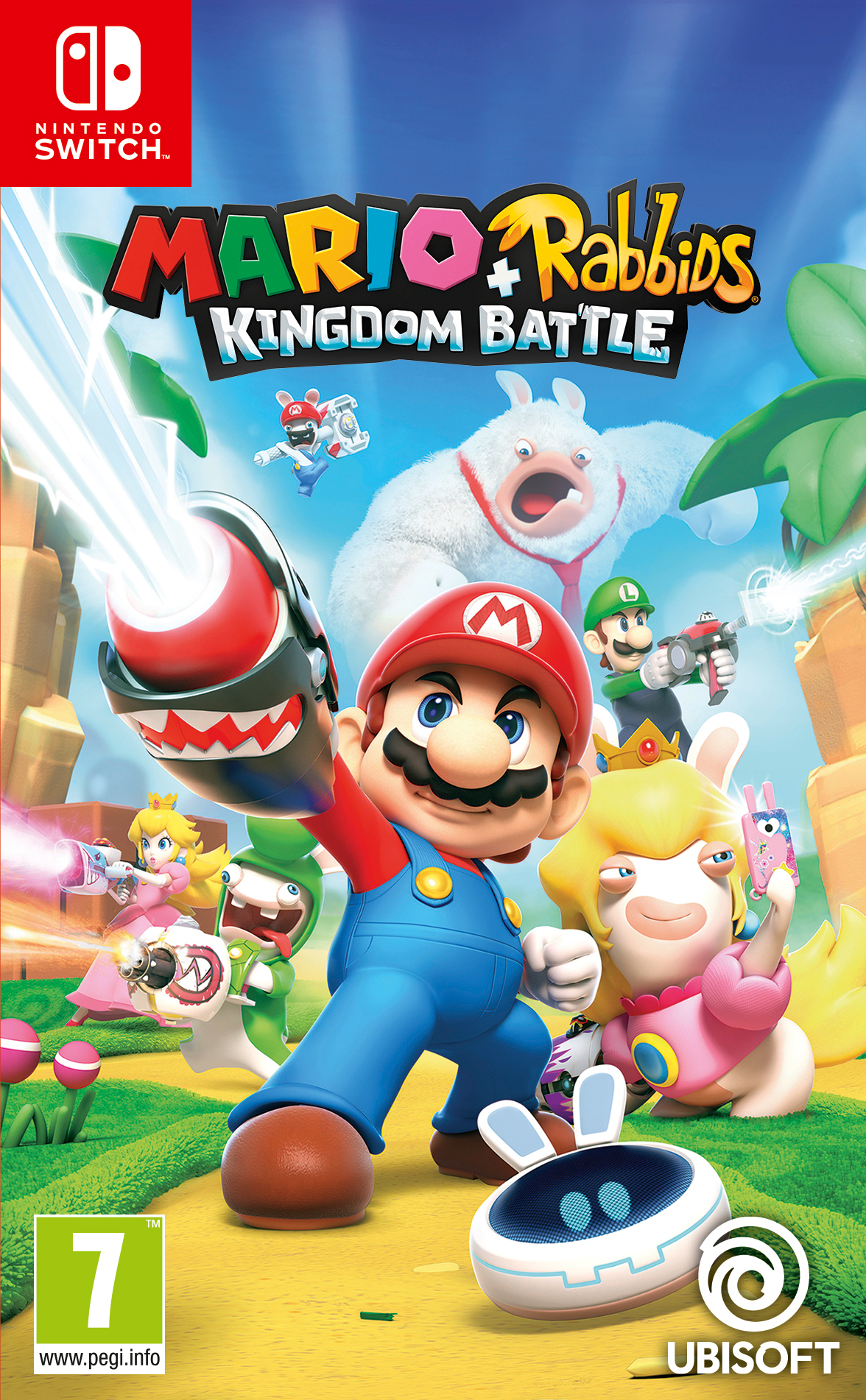 Mario + Rabbids Kingdom Battle Spielcover mit Charakteren.