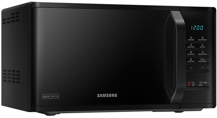 Schwarze Samsung Mikrowelle. Merkmale: Quick Defrost, Auto Cook und eine Digitalanzeige mit der Uhrzeit.