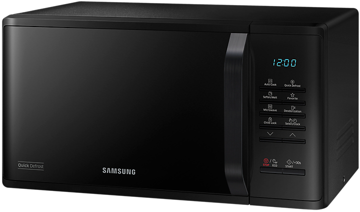 Schwarze Mikrowelle. Tasten für Automatik-Kochen, Auftauen und mehr. Digitalanzeige zeigt die Zeit.