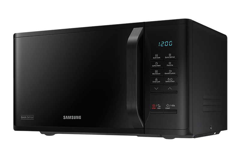 Ein schwarzer Samsung Mikrowellenherd mit digitalem Display und Bedientasten.