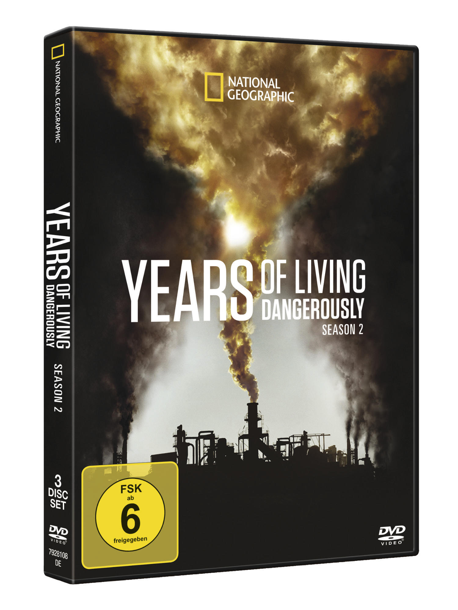 DVD-Hülle: 'Years of Living Dangerously' Staffel 2, mit Schornsteinen und dunklem Hintergrund.