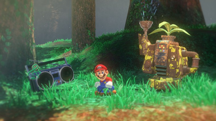 Mario in een bosscène. Een retro boombox en een robotachtig object zijn ook aanwezig.