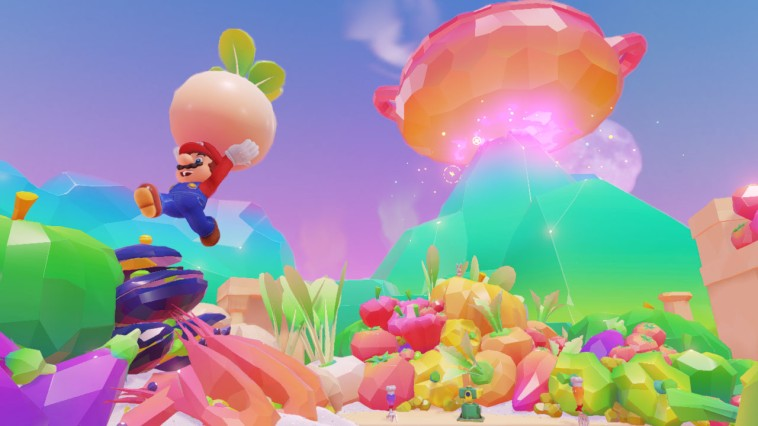 Mario springt in een kleurrijk, surrealistisch landschap met gigantische groenten en een zwevende pot.