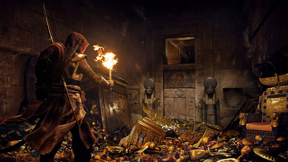 Scene uit een videogame met een personage dat een fakkel vasthoudt in een donkere kamer.