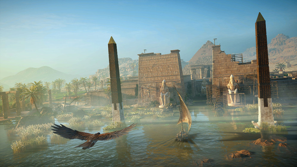 Oude Egyptische scène met monumenten, water en een vogel die vliegt.