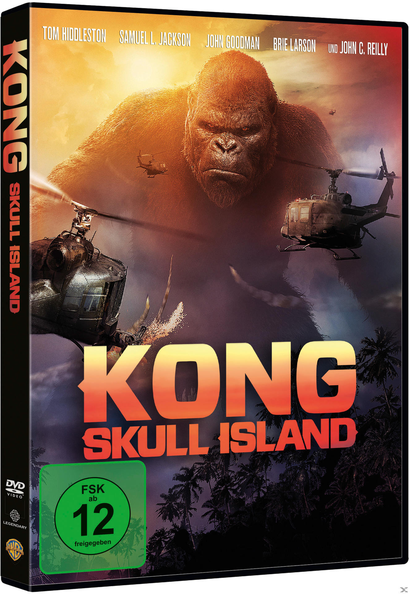 DVD-Cover für Kong: Skull Island. Zeigt King Kong, Hubschrauber und Dschungel. Mit Tom Hiddleston.