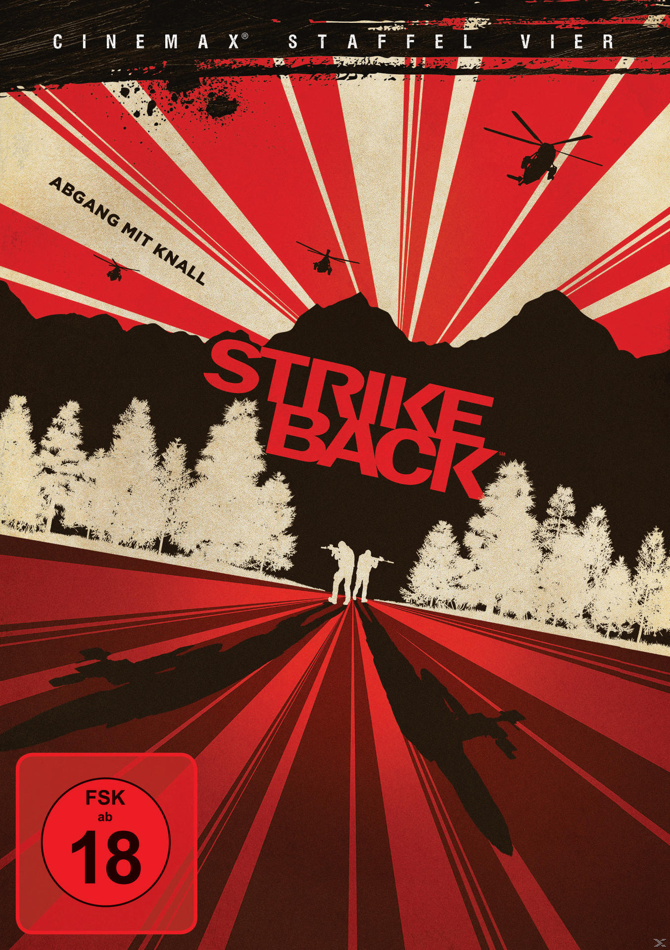 Filmplakat: Rote und weiße Streifen und Silhouetten von Menschen und Hubschraubern. Titel: Strike Back.