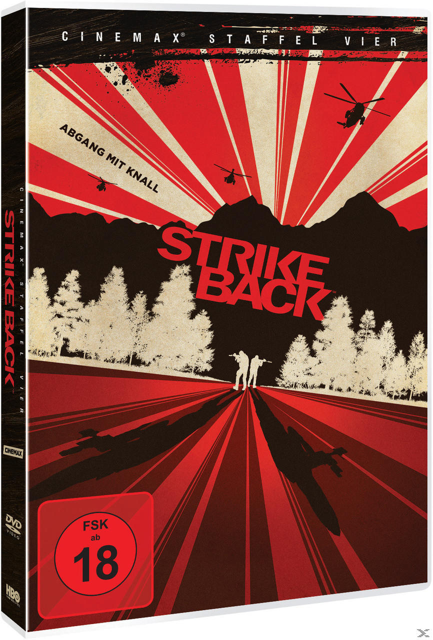 DVD-Cover: Strike Back, Staffel 4, rot-schwarzes Design, Hubschrauber, Soldaten auf einer Straße.