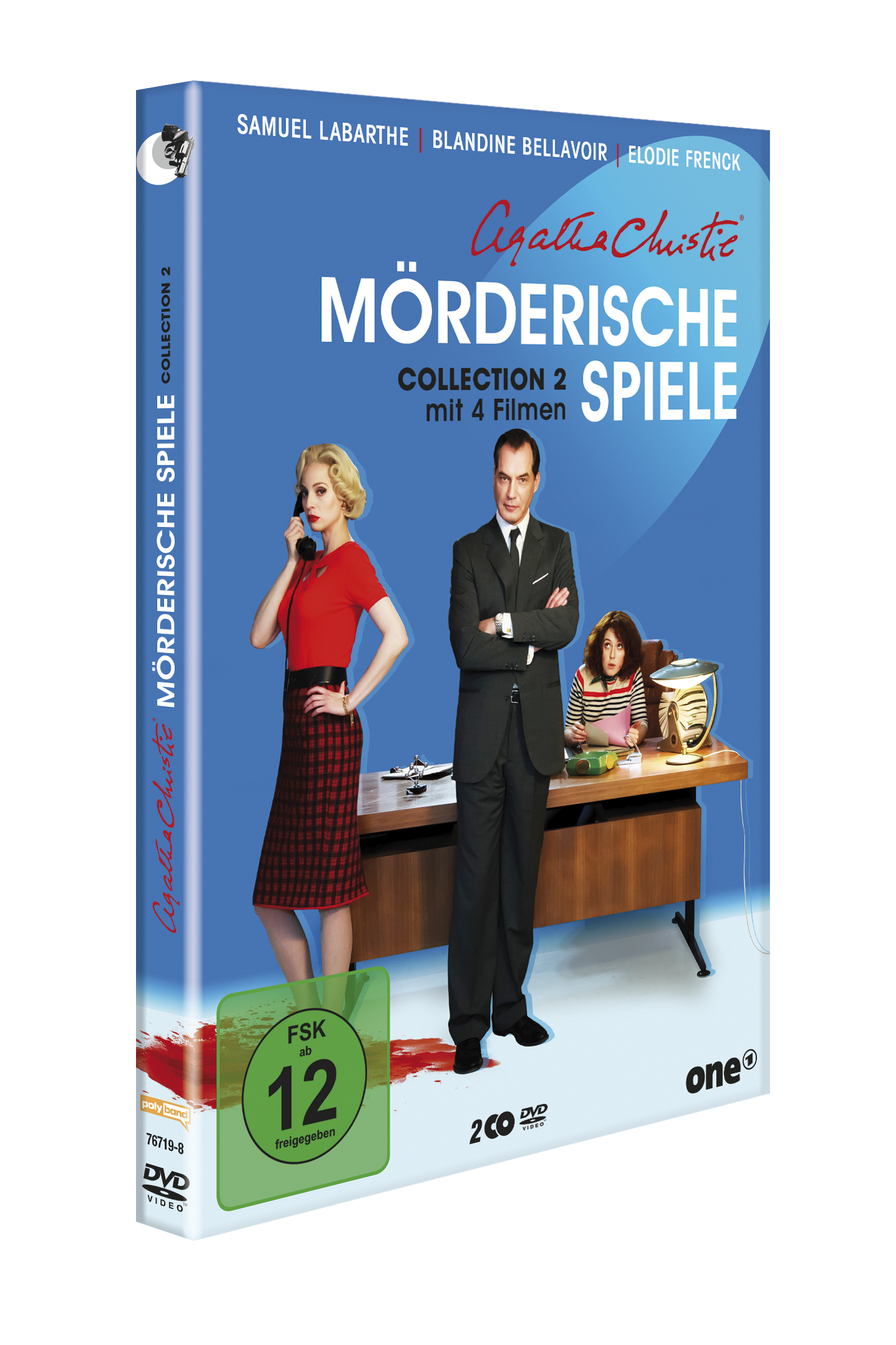 DVD-Hülle von Agatha Christies Mörderische Spiele. Drei Personen auf dem Cover und ein blauer Hintergrund.