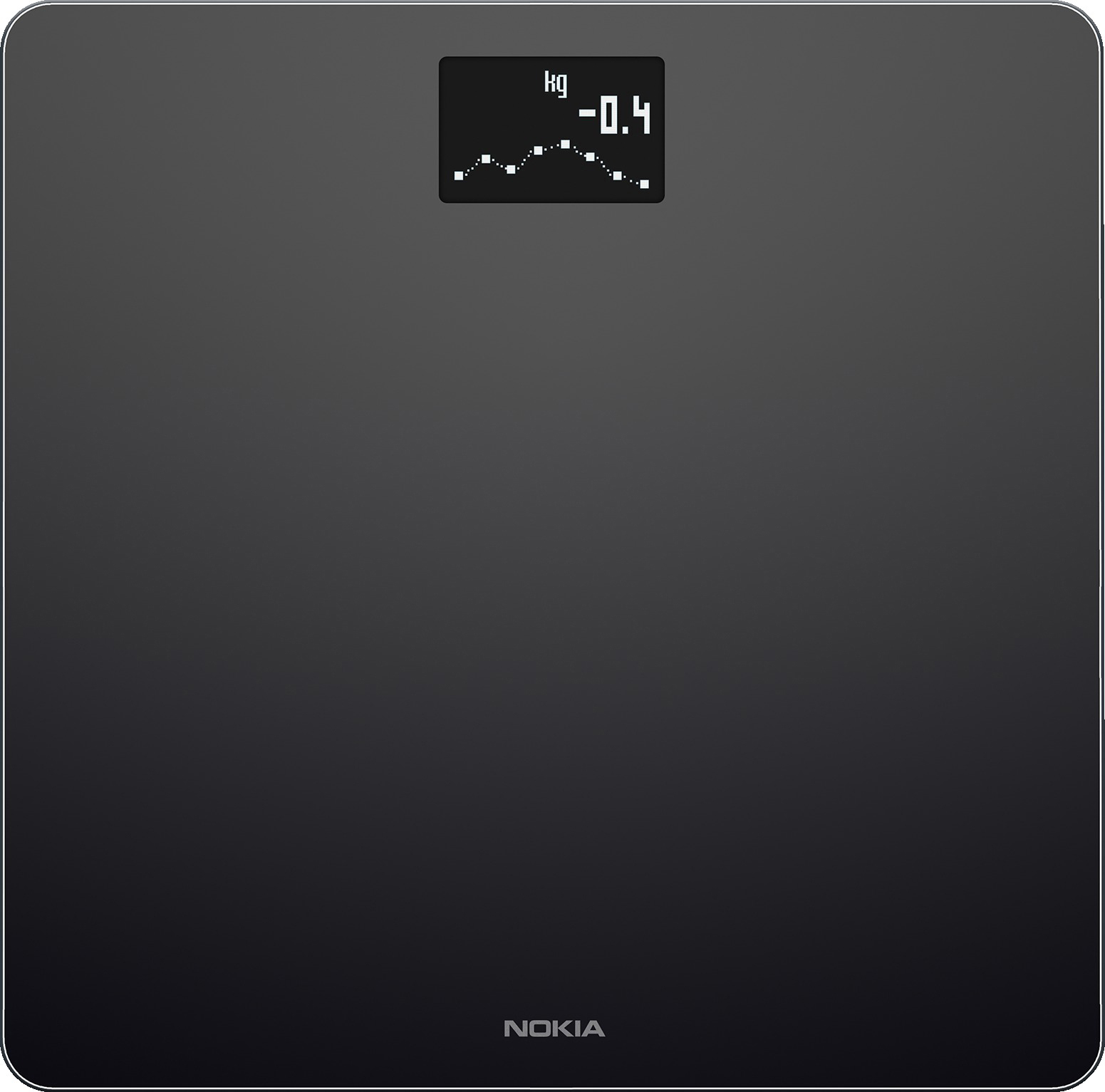 Schwarze digitale Waage mit Nokia-Logo und einem Display, das -0,4 kg anzeigt.