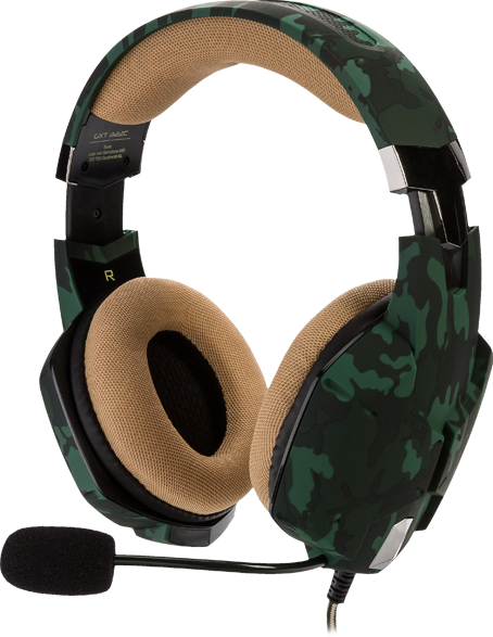 Zöld és fekete álcázott gamer headset. Bézs fülpárnák és mikrofon, GXT 488C címke.