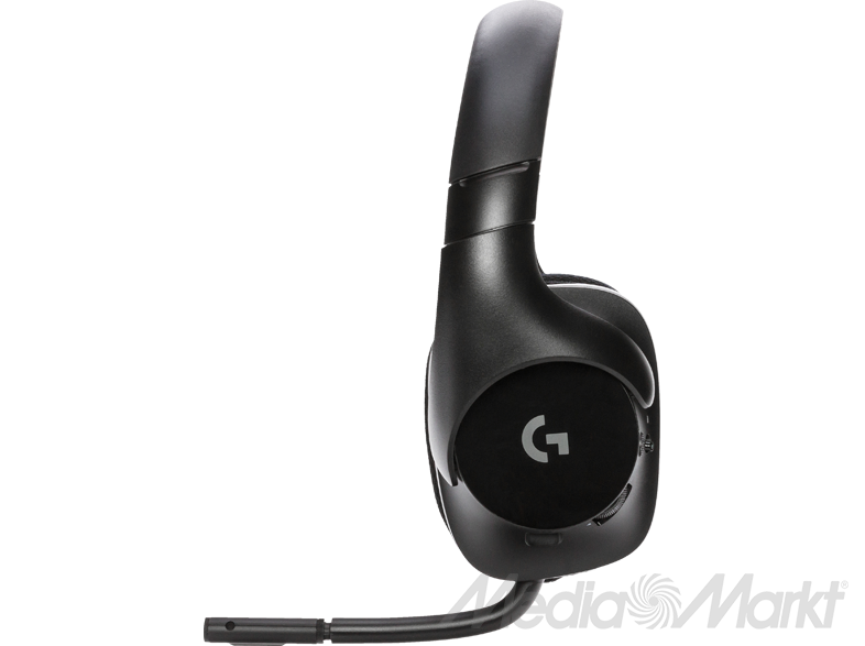 Fekete Logitech fejhallgató mikrofonnal, oldalnézetből. Egy nagy 'G' logó látható a fülkagylón. A háttér szürke.